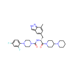 Cc1cc(C[C@@H](NC(=O)N2CCN(c3ccc(F)cc3F)CC2)C(=O)N2CCC(N3CCCCC3)CC2)cc2c[nH]nc12 ZINC000653706335