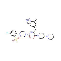 Cc1cc(C[C@@H](NC(=O)N2CCN(c3ccc(F)cc3S(C)(=O)=O)CC2)C(=O)N2CCC(N3CCCCC3)CC2)cc2c[nH]nc12 ZINC000653708045