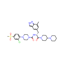 Cc1cc(C[C@@H](NC(=O)N2CCN(c3ccc(S(C)(=O)=O)cc3Cl)CC2)C(=O)N2CCC(N3CCCCC3)CC2)cc2c[nH]nc12 ZINC000653708009