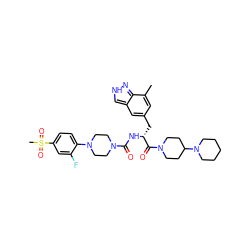 Cc1cc(C[C@@H](NC(=O)N2CCN(c3ccc(S(C)(=O)=O)cc3F)CC2)C(=O)N2CCC(N3CCCCC3)CC2)cc2c[nH]nc12 ZINC000653708021