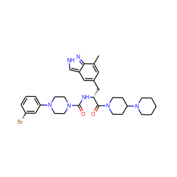 Cc1cc(C[C@@H](NC(=O)N2CCN(c3cccc(Br)c3)CC2)C(=O)N2CCC(N3CCCCC3)CC2)cc2c[nH]nc12 ZINC000653704172