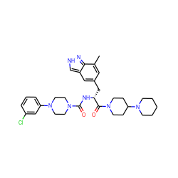 Cc1cc(C[C@@H](NC(=O)N2CCN(c3cccc(Cl)c3)CC2)C(=O)N2CCC(N3CCCCC3)CC2)cc2c[nH]nc12 ZINC000653704194