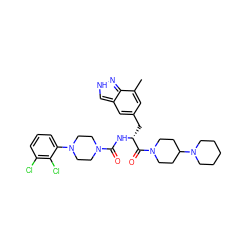 Cc1cc(C[C@@H](NC(=O)N2CCN(c3cccc(Cl)c3Cl)CC2)C(=O)N2CCC(N3CCCCC3)CC2)cc2c[nH]nc12 ZINC000653706352