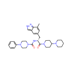 Cc1cc(C[C@@H](NC(=O)N2CCN(c3ccccc3)CC2)C(=O)N2CCC(N3CCCCC3)CC2)cc2c[nH]nc12 ZINC000653706347