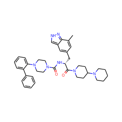 Cc1cc(C[C@@H](NC(=O)N2CCN(c3ccccc3-c3ccccc3)CC2)C(=O)N2CCC(N3CCCCC3)CC2)cc2c[nH]nc12 ZINC000653706334