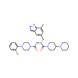 Cc1cc(C[C@@H](NC(=O)N2CCN(c3ccccc3Br)CC2)C(=O)N2CCC(N3CCCCC3)CC2)cc2c[nH]nc12 ZINC000653704212