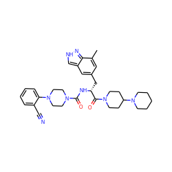 Cc1cc(C[C@@H](NC(=O)N2CCN(c3ccccc3C#N)CC2)C(=O)N2CCC(N3CCCCC3)CC2)cc2c[nH]nc12 ZINC000653706343