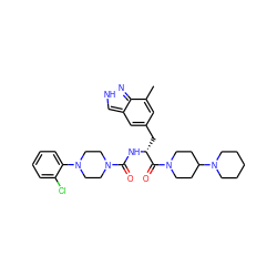 Cc1cc(C[C@@H](NC(=O)N2CCN(c3ccccc3Cl)CC2)C(=O)N2CCC(N3CCCCC3)CC2)cc2c[nH]nc12 ZINC000653704187