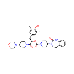 Cc1cc(C[C@@H](OC(=O)N2CCC(N3CCc4ccccc4NC3=O)CC2)C(=O)N2CCC(N3CCOCC3)CC2)cc(C)c1O ZINC000117997024