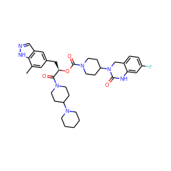 Cc1cc(C[C@@H](OC(=O)N2CCC(N3Cc4ccc(F)cc4NC3=O)CC2)C(=O)N2CCC(N3CCCCC3)CC2)cc2cn[nH]c12 ZINC000049833308