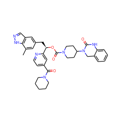 Cc1cc(C[C@@H](OC(=O)N2CCC(N3Cc4ccccc4NC3=O)CC2)c2cc(C(=O)N3CCCCC3)ccn2)cc2cn[nH]c12 ZINC000014210277