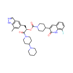 Cc1cc(C[C@@H](OC(=O)N2CCC(c3cc4cccc(F)c4[nH]c3=O)CC2)C(=O)N2CCC(N3CCCCC3)CC2)cc2cn[nH]c12 ZINC000049841566