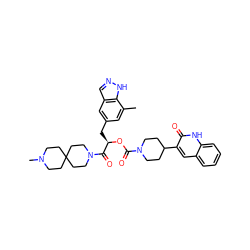 Cc1cc(C[C@@H](OC(=O)N2CCC(c3cc4ccccc4[nH]c3=O)CC2)C(=O)N2CCC3(CCN(C)CC3)CC2)cc2cn[nH]c12 ZINC000042807819