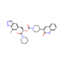 Cc1cc(C[C@@H](OC(=O)N2CCC(c3cc4ccccc4[nH]c3=O)CC2)C(=O)N2CCCCC2)cc2cn[nH]c12 ZINC000042802975