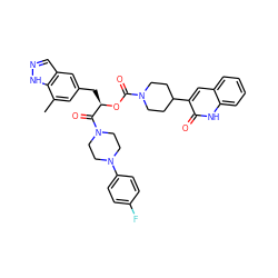 Cc1cc(C[C@@H](OC(=O)N2CCC(c3cc4ccccc4[nH]c3=O)CC2)C(=O)N2CCN(c3ccc(F)cc3)CC2)cc2cn[nH]c12 ZINC000049898414