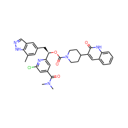 Cc1cc(C[C@@H](OC(=O)N2CCC(c3cc4ccccc4[nH]c3=O)CC2)c2cc(C(=O)N(C)C)cc(Cl)n2)cc2cn[nH]c12 ZINC000084619790