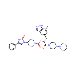 Cc1cc(C[C@@H](OC(=O)N2CCC(n3cc(-c4ccccc4)[nH]c3=O)CC2)C(=O)N2CCC(N3CCCCC3)CC2)cc2cn[nH]c12 ZINC000042805991