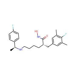 Cc1cc(C[C@H](CCCCN[C@@H](C)c2ccc(F)cc2)C(=O)NO)cc(C)c1F ZINC000084603857