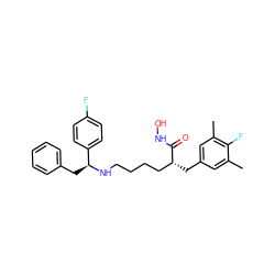 Cc1cc(C[C@H](CCCCN[C@@H](Cc2ccccc2)c2ccc(F)cc2)C(=O)NO)cc(C)c1F ZINC000084603348