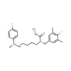 Cc1cc(C[C@H](CCCCN[C@H](C)c2ccc(F)cc2)C(=O)NO)cc(C)c1F ZINC000084603855