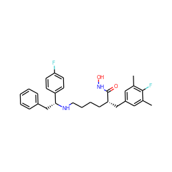 Cc1cc(C[C@H](CCCCN[C@H](Cc2ccccc2)c2ccc(F)cc2)C(=O)NO)cc(C)c1F ZINC000084603345