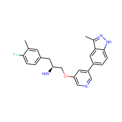 Cc1cc(C[C@H](N)COc2cncc(-c3ccc4[nH]nc(C)c4c3)c2)ccc1F ZINC000014961700
