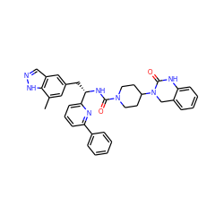 Cc1cc(C[C@H](NC(=O)N2CCC(N3Cc4ccccc4NC3=O)CC2)c2cccc(-c3ccccc3)n2)cc2cn[nH]c12 ZINC000084602420