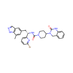 Cc1cc(C[C@H](NC(=O)N2CCC(N3Cc4ccccc4NC3=O)CC2)c2cccc(Br)n2)cc2cn[nH]c12 ZINC000084615593