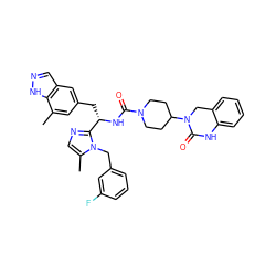 Cc1cc(C[C@H](NC(=O)N2CCC(N3Cc4ccccc4NC3=O)CC2)c2ncc(C)n2Cc2cccc(F)c2)cc2cn[nH]c12 ZINC000096284757