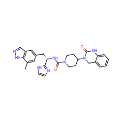 Cc1cc(C[C@H](NC(=O)N2CCC(N3Cc4ccccc4NC3=O)CC2)c2ncc[nH]2)cc2cn[nH]c12 ZINC000096284731