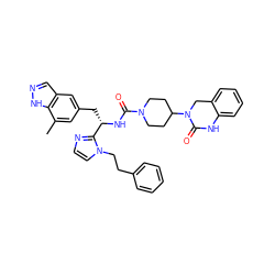 Cc1cc(C[C@H](NC(=O)N2CCC(N3Cc4ccccc4NC3=O)CC2)c2nccn2CCc2ccccc2)cc2cn[nH]c12 ZINC000096284729