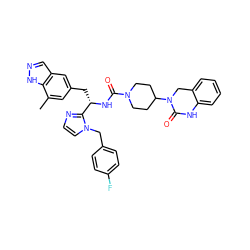 Cc1cc(C[C@H](NC(=O)N2CCC(N3Cc4ccccc4NC3=O)CC2)c2nccn2Cc2ccc(F)cc2)cc2cn[nH]c12 ZINC000096284725