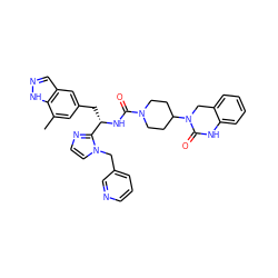 Cc1cc(C[C@H](NC(=O)N2CCC(N3Cc4ccccc4NC3=O)CC2)c2nccn2Cc2cccnc2)cc2cn[nH]c12 ZINC000096284749