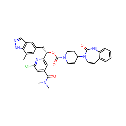 Cc1cc(C[C@H](OC(=O)N2CCC(N3CCc4ccccc4NC3=O)CC2)c2cc(C(=O)N(C)C)cc(Cl)n2)cc2cn[nH]c12 ZINC000084619792