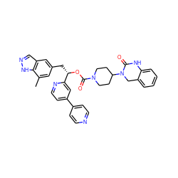 Cc1cc(C[C@H](OC(=O)N2CCC(N3Cc4ccccc4NC3=O)CC2)c2cc(-c3ccncc3)ccn2)cc2cn[nH]c12 ZINC000084635190