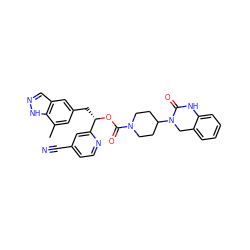 Cc1cc(C[C@H](OC(=O)N2CCC(N3Cc4ccccc4NC3=O)CC2)c2cc(C#N)ccn2)cc2cn[nH]c12 ZINC000084635956