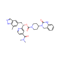 Cc1cc(C[C@H](OC(=O)N2CCC(N3Cc4ccccc4NC3=O)CC2)c2cc(C(=O)N(C)C)ccn2)cc2cn[nH]c12 ZINC000084635185