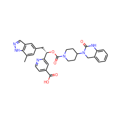 Cc1cc(C[C@H](OC(=O)N2CCC(N3Cc4ccccc4NC3=O)CC2)c2cc(C(=O)O)ccn2)cc2cn[nH]c12 ZINC000084635510