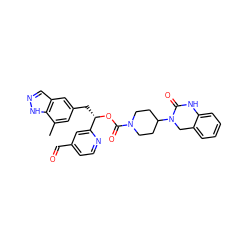 Cc1cc(C[C@H](OC(=O)N2CCC(N3Cc4ccccc4NC3=O)CC2)c2cc(C=O)ccn2)cc2cn[nH]c12 ZINC000084615701