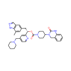 Cc1cc(C[C@H](OC(=O)N2CCC(N3Cc4ccccc4NC3=O)CC2)c2cc(CN3CCCCC3)ccn2)cc2cn[nH]c12 ZINC000084635195