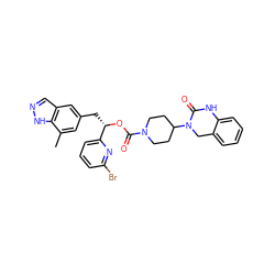 Cc1cc(C[C@H](OC(=O)N2CCC(N3Cc4ccccc4NC3=O)CC2)c2cccc(Br)n2)cc2cn[nH]c12 ZINC000084615598