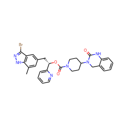 Cc1cc(C[C@H](OC(=O)N2CCC(N3Cc4ccccc4NC3=O)CC2)c2ccccn2)cc2c(Br)n[nH]c12 ZINC000084633351