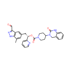 Cc1cc(C[C@H](OC(=O)N2CCC(N3Cc4ccccc4NC3=O)CC2)c2ccccn2)cc2c(C=O)n[nH]c12 ZINC000084633908