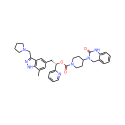 Cc1cc(C[C@H](OC(=O)N2CCC(N3Cc4ccccc4NC3=O)CC2)c2ccccn2)cc2c(CN3CCCC3)n[nH]c12 ZINC000084596859