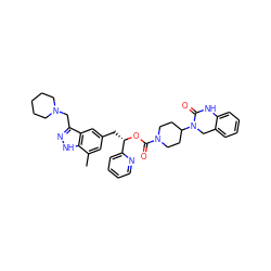 Cc1cc(C[C@H](OC(=O)N2CCC(N3Cc4ccccc4NC3=O)CC2)c2ccccn2)cc2c(CN3CCCCC3)n[nH]c12 ZINC000084586594