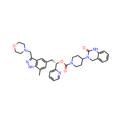 Cc1cc(C[C@H](OC(=O)N2CCC(N3Cc4ccccc4NC3=O)CC2)c2ccccn2)cc2c(CN3CCOCC3)n[nH]c12 ZINC000084586601