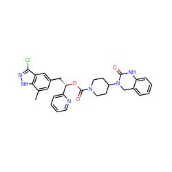 Cc1cc(C[C@H](OC(=O)N2CCC(N3Cc4ccccc4NC3=O)CC2)c2ccccn2)cc2c(Cl)n[nH]c12 ZINC000084633357