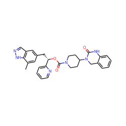 Cc1cc(C[C@H](OC(=O)N2CCC(N3Cc4ccccc4NC3=O)CC2)c2ccccn2)cc2cn[nH]c12 ZINC000084615589