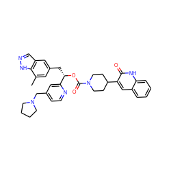 Cc1cc(C[C@H](OC(=O)N2CCC(c3cc4ccccc4[nH]c3=O)CC2)c2cc(CN3CCCC3)ccn2)cc2cn[nH]c12 ZINC000084603735