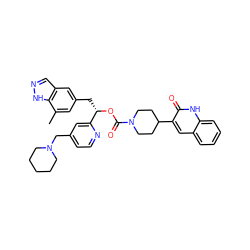 Cc1cc(C[C@H](OC(=O)N2CCC(c3cc4ccccc4[nH]c3=O)CC2)c2cc(CN3CCCCC3)ccn2)cc2cn[nH]c12 ZINC000084616487